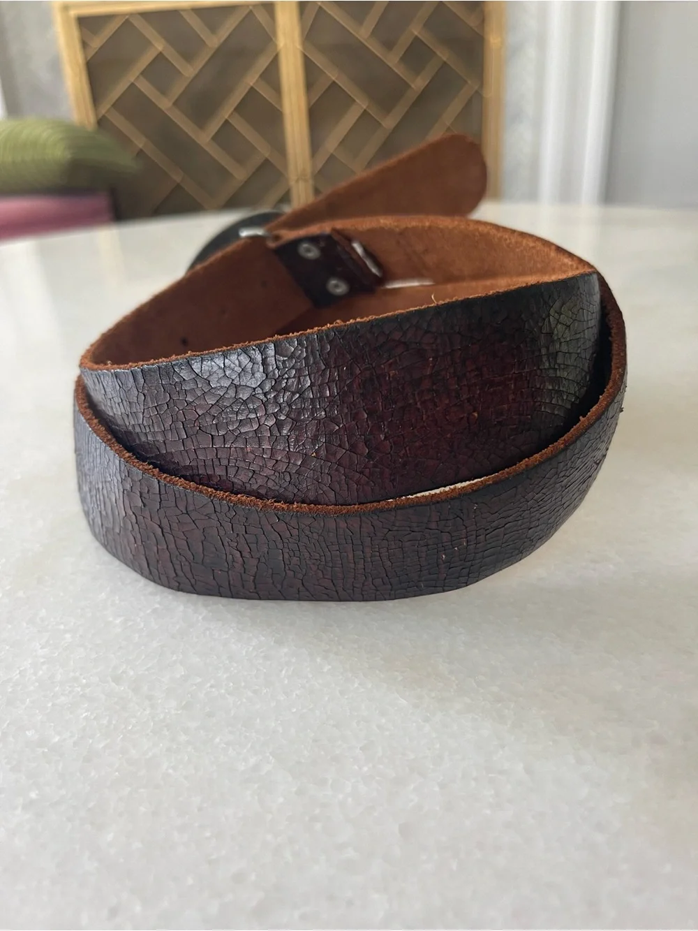 Distressed Brown Leather Belt Seed Bead Multicolored Buckle Boho Festival XL